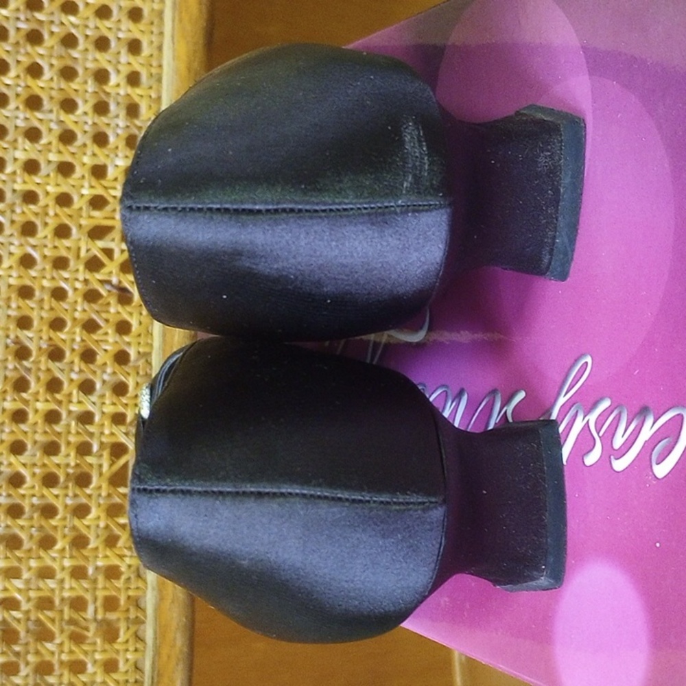 Easy Street Alive 5 Lunari Black Open Toe Satin Heels, Rhinestones, Leather Sole - Picture 5 of 9
